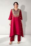 Buy_Aditi Somani_Magenta Nysa Silk Embroidered V Neck Patola Yoke Kurta And Pant Set _at_Aza_Fashions