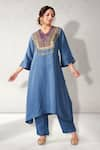 Buy_Aditi Somani_Blue Nysa Silk Embroidered V Neck Patola Yoke Kurta And Pant Set _at_Aza_Fashions