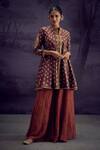 Buy_Aditi Somani_Brown Cotton Silk Embroidered Floral Stand Collar Kali Top And Sharara Set _at_Aza_Fashions