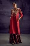 Buy_Aditi Somani_Red Cotton Silk Embroidered Floral V Neck Heavy Kurta With Flared Pant _at_Aza_Fashions