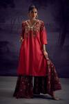 Aditi Somani_Red Cotton Silk Embroidered Floral V Neck Heavy Kurta With Flared Pant _at_Aza_Fashions