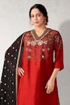 Aditi Somani_Red Cotton Silk Embroidered Floral V Neck Kurta Set _Online_at_Aza_Fashions