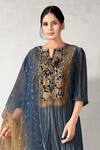 Aditi Somani_Blue Crush Tissue Embroidery Floral Notched Neck Yoke Kurta Draped Pant Set _Online_at_Aza_Fashions