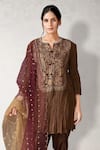 Aditi Somani_Brown Crush Tissue Embroidery Floral Notched Bloom Yoke Kurta Draped Pant Set _Online_at_Aza_Fashions