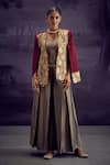 Buy_Aditi Somani_Maroon Satin Linen Woven Aari Jacket Open Neck Floral Embroidered And Pant Set _at_Aza_Fashions