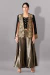 Buy_Aditi Somani_Black Satin Linen Woven Aari Jacket Open Floral Bloom Embroidered And Pant Set _at_Aza_Fashions