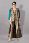 Buy_Aditi Somani_Blue Satin Linen Woven Aari Jacket Open Floral Bloom Embroidered And Pant Set _at_Aza_Fashions