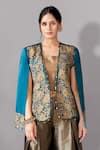 Aditi Somani_Blue Satin Linen Woven Aari Jacket Open Floral Bloom Embroidered And Pant Set _Online_at_Aza_Fashions