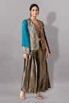 Shop_Aditi Somani_Blue Satin Linen Woven Aari Jacket Open Floral Bloom Embroidered And Pant Set _Online_at_Aza_Fashions