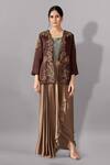 Buy_Aditi Somani_Brown Satin Linen Woven Aari Jacket Open Flower Vine Embroidered And Skirt Set _at_Aza_Fashions