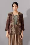 Aditi Somani_Brown Satin Linen Woven Aari Jacket Open Flower Vine Embroidered And Skirt Set _Online_at_Aza_Fashions