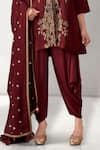 Aditi Somani_Maroon Satin Linen Embroidery Aari V Neck Flower Vine Kurta Dhoti Pant Set _Online_at_Aza_Fashions