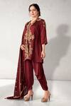 Buy_Aditi Somani_Maroon Satin Linen Embroidery Aari V Neck Flower Vine Kurta Dhoti Pant Set _Online_at_Aza_Fashions