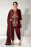 Buy_Aditi Somani_Maroon Satin Linen Embroidery Aari V Neck Flower Vine Kurta Dhoti Pant Set _at_Aza_Fashions