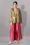 Buy_Aditi Somani_Green Satin Linen Woven Floral Blazer Open Neck Embroidered Pant Set _at_Aza_Fashions