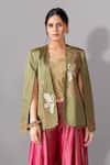 Aditi Somani_Green Satin Linen Woven Floral Blazer Flying Bird Motif Embroidered Pant Set _Online_at_Aza_Fashions