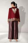 Shop_Aditi Somani_Maroon Satin Linen Woven Floral Flying Bird Motif Embroidered And Pant Set _at_Aza_Fashions