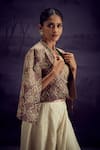 Aditi Somani_Grey Satin Linen Woven Floral Jaal Jacket Open Neck Embroidered And Sharara Set _Online_at_Aza_Fashions