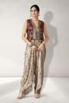 Buy_Aditi Somani_Cream Suede Embroidery Floral Jacket Open Neck Abstract Print Jumpsuit With _at_Aza_Fashions