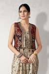 Aditi Somani_Cream Suede Embroidery Floral Jacket Open Neck Abstract Print Jumpsuit With _Online_at_Aza_Fashions