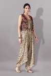 Buy_Aditi Somani_Cream Suede Embroidery Floral Jacket Open Neck Abstract Print Jumpsuit With _Online_at_Aza_Fashions