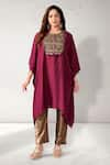 Aditi Somani_Wine Habutai Silk Embroidery Geometric Round Neck Yoke Kaftan With Pant _Online_at_Aza_Fashions