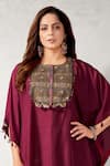 Buy_Aditi Somani_Wine Habutai Silk Embroidery Geometric Round Neck Yoke Kaftan With Pant _Online_at_Aza_Fashions