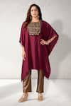 Buy_Aditi Somani_Wine Habutai Silk Embroidery Geometric Round Neck Yoke Kaftan With Pant _at_Aza_Fashions