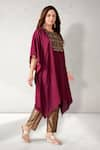 Shop_Aditi Somani_Wine Habutai Silk Embroidery Geometric Round Neck Yoke Kaftan With Pant _at_Aza_Fashions