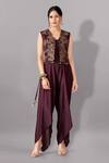 Buy_Aditi Somani_Wine Suede Embroidery Floral V Neck Plain Draped Jumpsuit With Jacket _at_Aza_Fashions