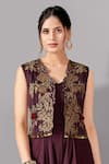 Aditi Somani_Wine Suede Embroidery Floral V Neck Plain Draped Jumpsuit With Jacket _Online_at_Aza_Fashions