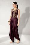 Shop_Aditi Somani_Wine Suede Embroidery Floral V Neck Plain Draped Jumpsuit With Jacket _Online_at_Aza_Fashions