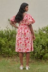 Shop_Khajoor Studio_Pink 100% Cotton Hand Block Print Fleur Plunge Le Blush Midi Dress _at_Aza_Fashions