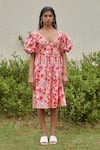 Khajoor Studio_Pink 100% Cotton Hand Block Print Fleur Plunge Le Blush Midi Dress _Online_at_Aza_Fashions