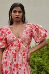 Khajoor Studio_Pink 100% Cotton Hand Block Print Fleur Plunge Le Blush Midi Dress _at_Aza_Fashions