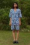 Buy_Khajoor Studio_Blue 100% Cotton Hand Block Print Floral Geometric Notched Tunic With Shorts _at_Aza_Fashions