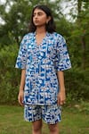 Buy_Khajoor Studio_Blue 100% Cotton Hand Block Print Floral Geometric Notched Tunic With Shorts _Online_at_Aza_Fashions