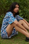 Shop_Khajoor Studio_Blue 100% Cotton Hand Block Print Floral Geometric Notched Tunic With Shorts _Online_at_Aza_Fashions