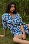 Khajoor Studio_Blue 100% Cotton Hand Block Print Floral Geometric Notched Tunic With Shorts _at_Aza_Fashions