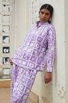 Shop_Khajoor Studio_Purple 100% Cotton Hand Block Print Hakuna Matata Collared Shirt With Pant 