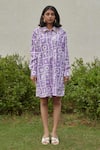 Buy_Khajoor Studio_Purple 100% Cotton Hand Block Print Hakuna Matata Collared Oversized Shirt Dress _at_Aza_Fashions