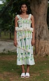 Khajoor Studio_White 100% Cotton Print Palm Square Seaside Khajoor Tiered Dress _Online_at_Aza_Fashions