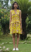 Buy_Khajoor Studio_Yellow 100% Cotton Print Lemon Fleur V-neck Le Babydoll Dress _at_Aza_Fashions