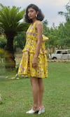 Khajoor Studio_Yellow 100% Cotton Print Lemon Fleur V-neck Le Babydoll Dress _Online_at_Aza_Fashions