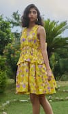 Shop_Khajoor Studio_Yellow 100% Cotton Print Lemon Fleur V-neck Le Babydoll Dress _Online_at_Aza_Fashions