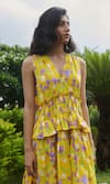 Khajoor Studio_Yellow 100% Cotton Print Lemon Fleur V-neck Le Babydoll Dress _at_Aza_Fashions