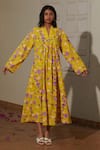 Buy_Khajoor Studio_Yellow 100% Cotton Print Lemon Fleur V-neck Madeleine Dress _at_Aza_Fashions