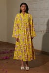 Khajoor Studio_Yellow 100% Cotton Print Lemon Fleur V-neck Madeleine Dress _Online_at_Aza_Fashions