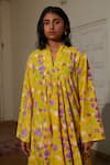 Shop_Khajoor Studio_Yellow 100% Cotton Print Lemon Fleur V-neck Madeleine Dress _Online_at_Aza_Fashions