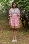 Shop_Khajoor Studio_Pink 100% Cotton Print Lace V-neck Barbie Meadow Smocked Top With Skirt _at_Aza_Fashions